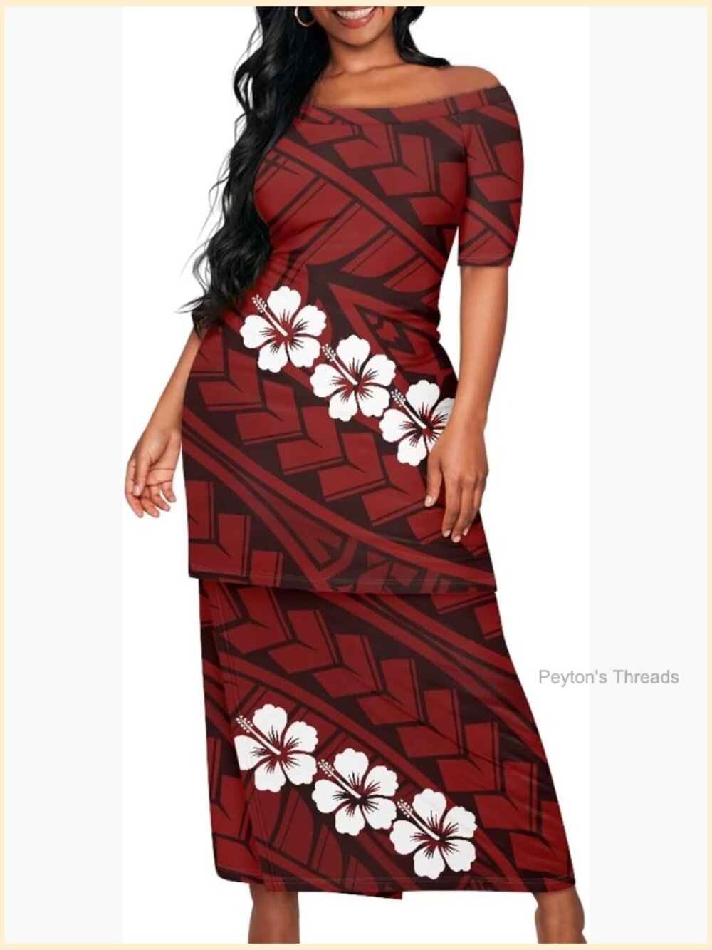 Puletasi Samoan Style Off Shoulder Two Piece Dress Set Plus Size Maxi